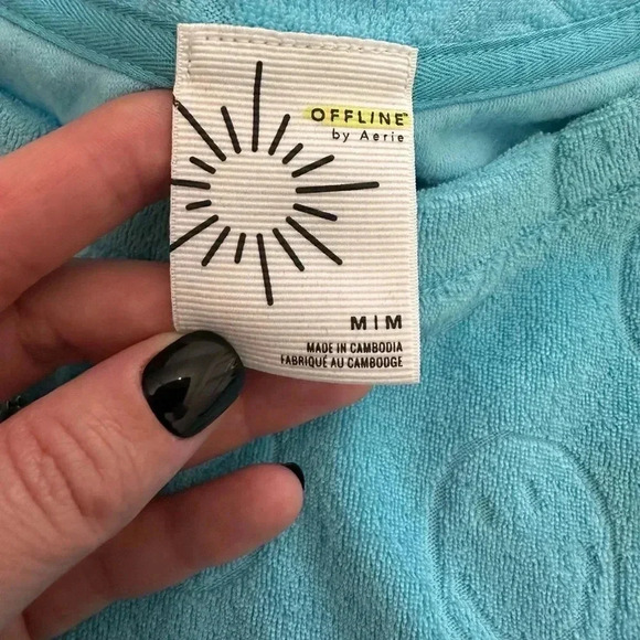OFFLINE by Aerie Terrycloth Cropped Shirt Smiley Pattern Teal/blue Size Medium - Picture 2 of 5